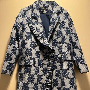 Halogen Floral Jacquard Plaid A-Line Coat Wool Gray/Blue (M)
